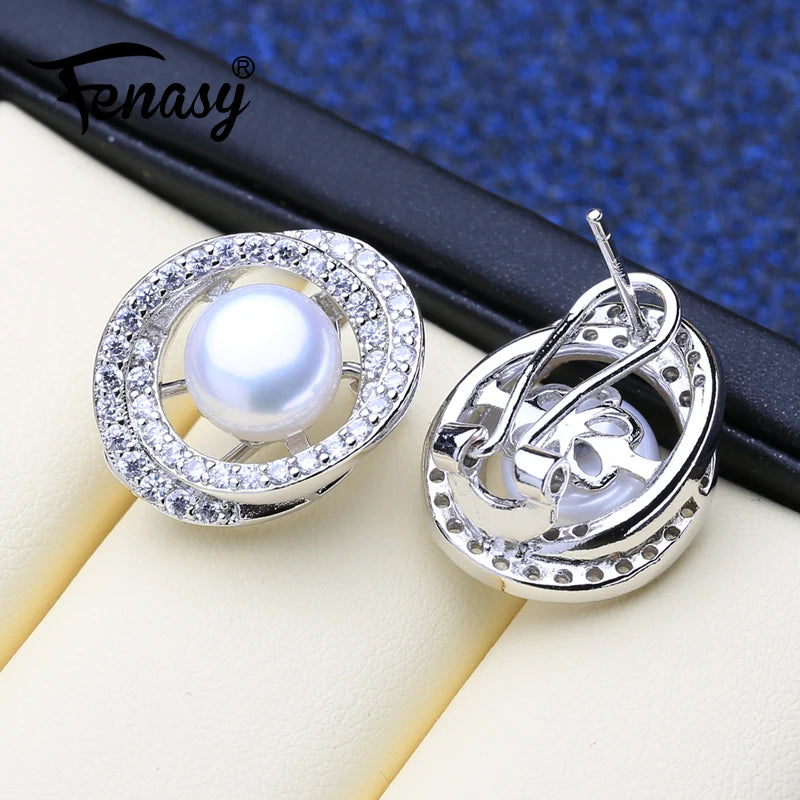 Freshwater Pearl Earrings Sterling Silver Stud Big Geometric Wedding