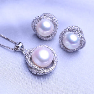 Natural Pearl Stud Earrings Silver Party Pendant Necklaces Set