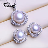 Natural Pearl Stud Earrings Silver Party Pendant Necklaces Set