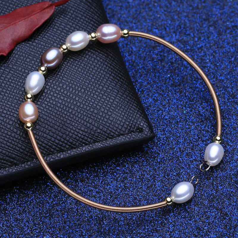 Pink Purple Pearl Bracelet 6mm Rice Pearl Bangle For Women Gift