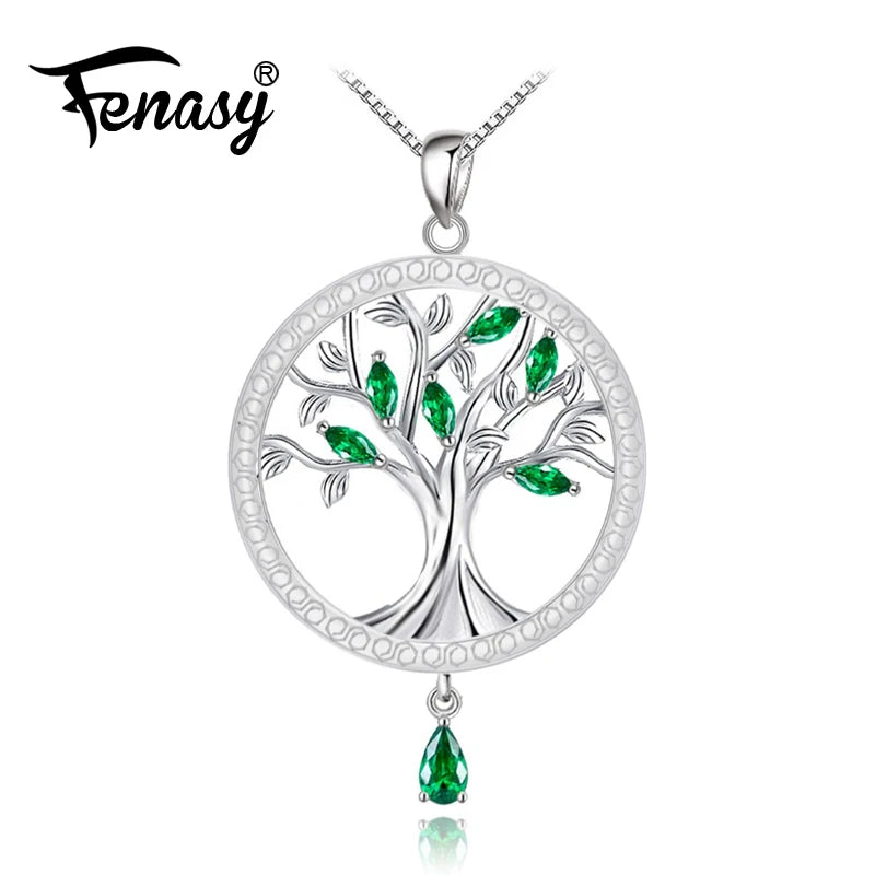925 Sterling Silver Life Tree Green Crystal Pendant Necklace