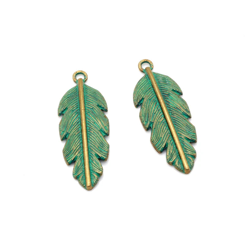 50pcs Antique Green Bronze Feather Charms Pendants for DIY Jewelry Making