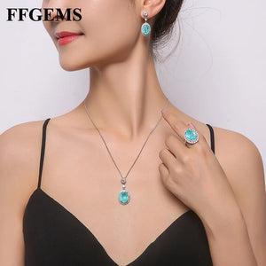 FFGems Paraiba Emerald Oval Gemstones Silver Sets for Women