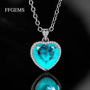 FFGems Silver Moissanite Paraiba Tourmaline Diamond Heart Pendant Necklace