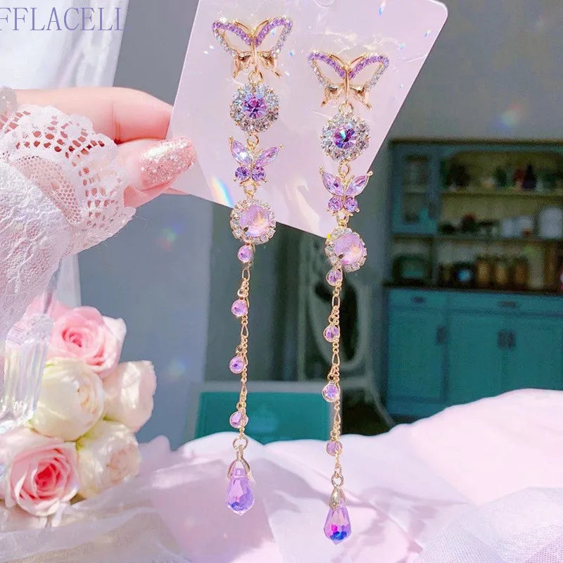 Pink/Purple Crystal Tassel Butterfly Long Earrings Party Gift