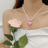 FFLACELL Korea Green Pink Beaded Heart Clavicle Chain Necklace