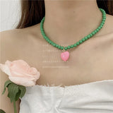 FFLACELL Korea Green Pink Beaded Heart Clavicle Chain Necklace