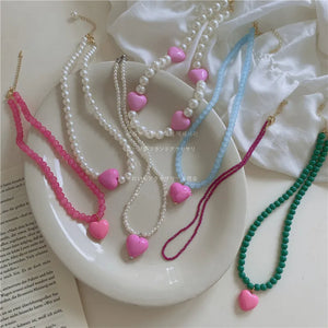 FFLACELL Korea Green Pink Beaded Heart Clavicle Chain Necklace