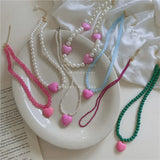 FFLACELL Korea Green Pink Beaded Heart Clavicle Chain Necklace
