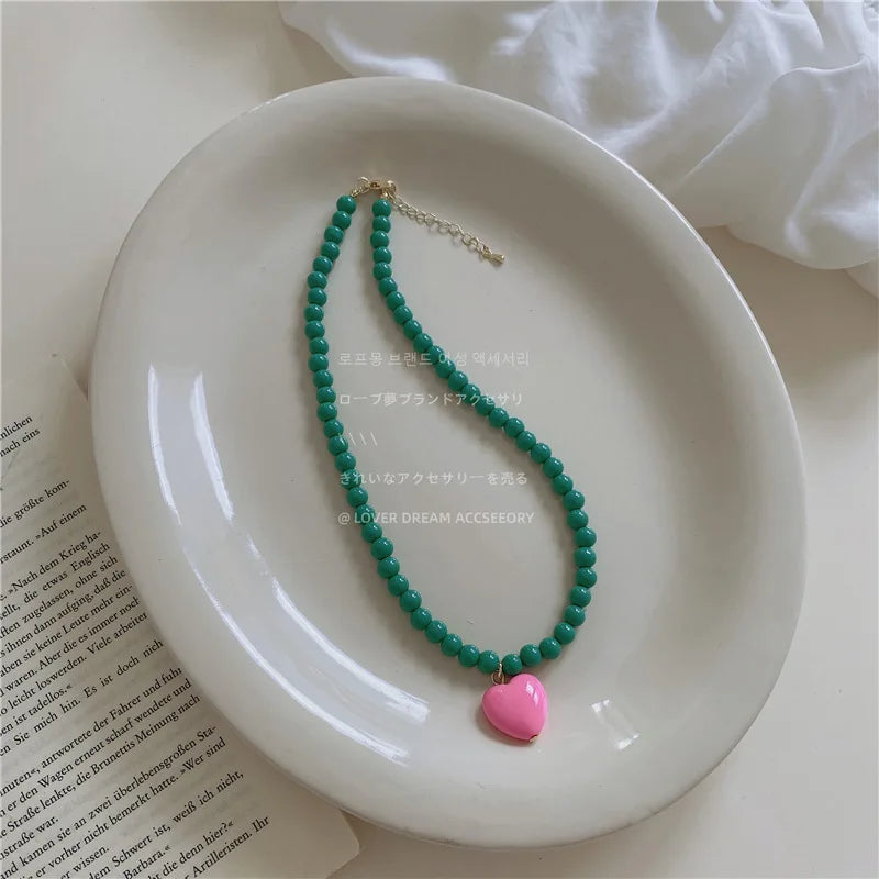 FFLACELL Korea Green Pink Beaded Heart Clavicle Chain Necklace