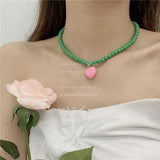 FFLACELL Korea Green Pink Beaded Heart Clavicle Chain Necklace