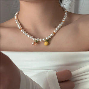 Lemon Flower Pearl Necklace Heart Strawberry Beaded Choker Women Girl Jewelry