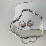 Glossy Metal Freshwater Pearl Chain Zircon Necklace for Women