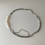 Glossy Metal Freshwater Pearl Chain Zircon Necklace for Women