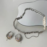Glossy Metal Freshwater Pearl Chain Zircon Necklace for Women