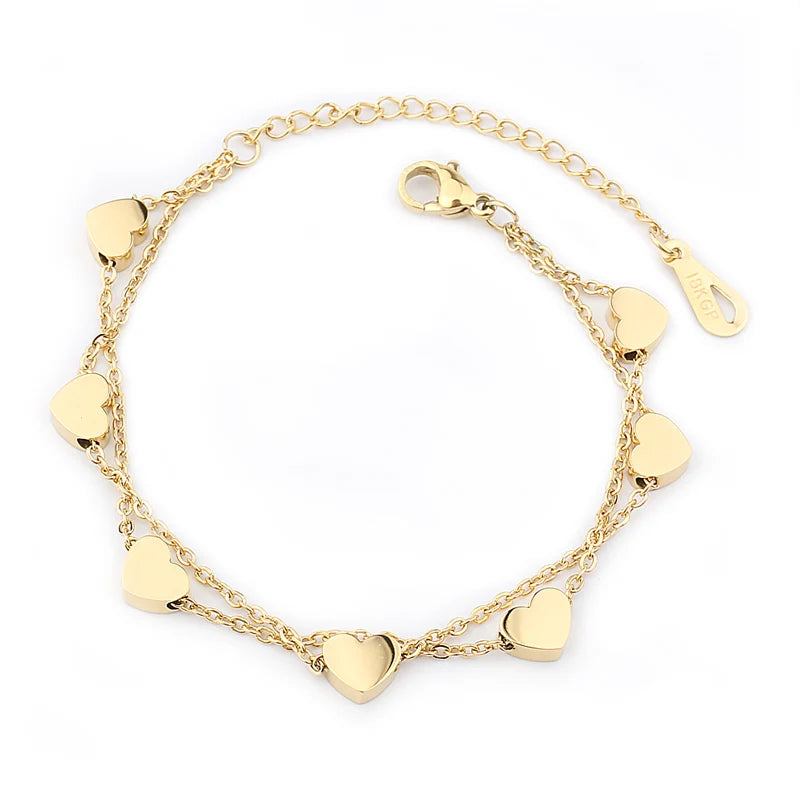B214 Stainless Steel Double Layer Heart Charms Bracelet for Women