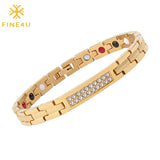 Women Crystal Bracelet Stainless Steel Magnetic Hologram Health Bracelet