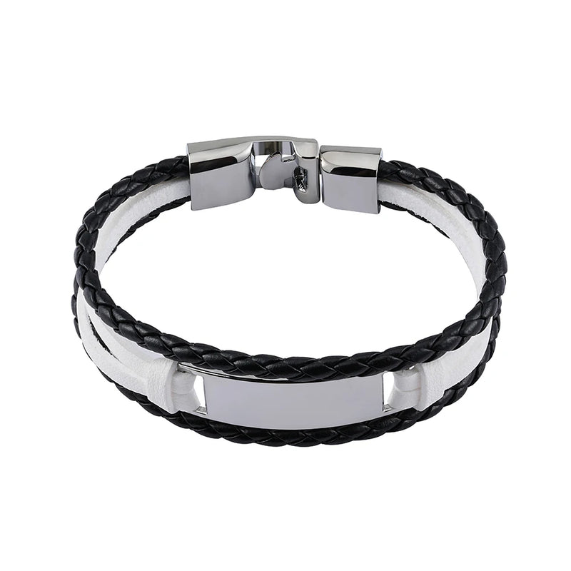 Braided Leather Mens Bracelet Stainless Steel Brown