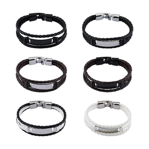 Braided Leather Mens Bracelet Stainless Steel Brown