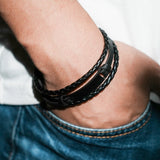 Braided Leather Mens Bracelet Stainless Steel Brown