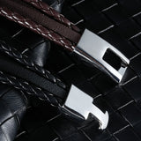 Braided Leather Mens Bracelet Stainless Steel Brown