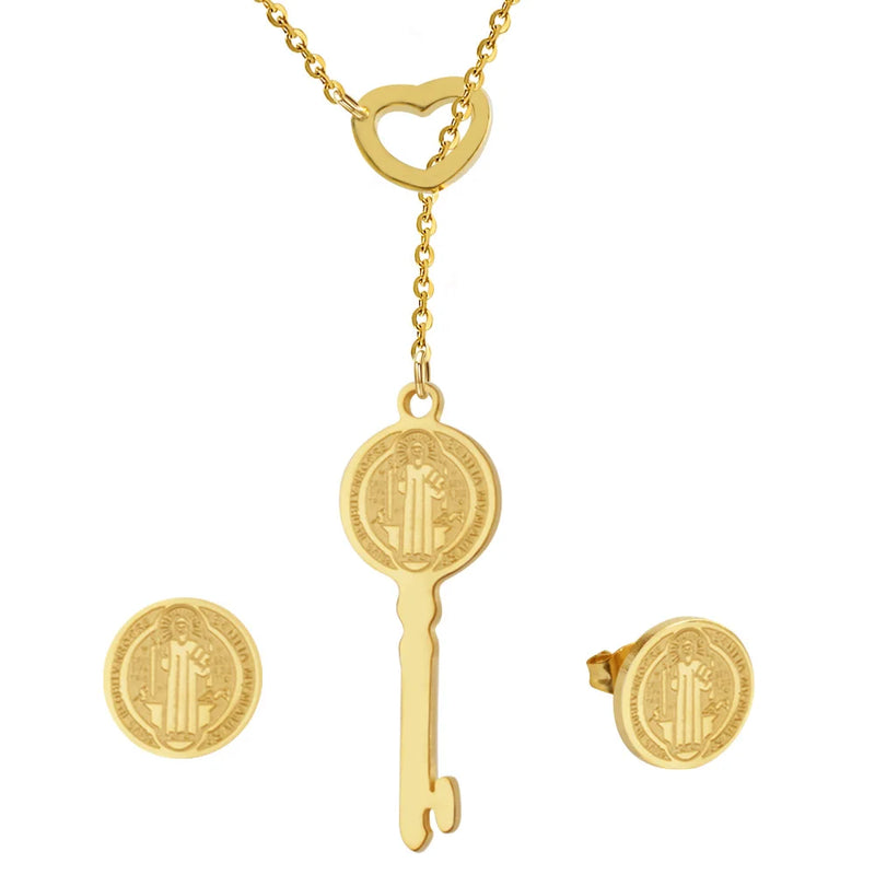 San Benito Key Necklace Earrings Set Stainless Steel Religious Jewelry