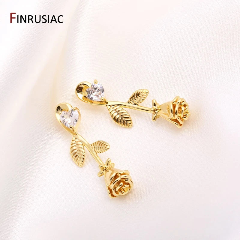 14K Plated Rose Charms 30.5x11mm Flower Pendants DIY Earring Making Supplies