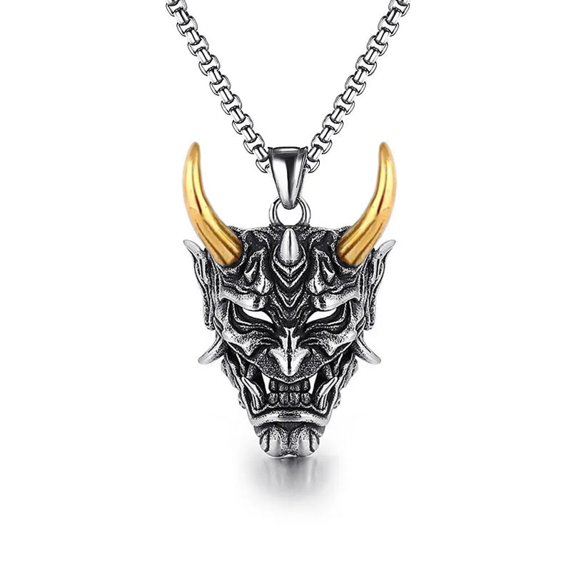 Goth Punk Demon Skull Fangs Prajna Mask Pendant Necklace