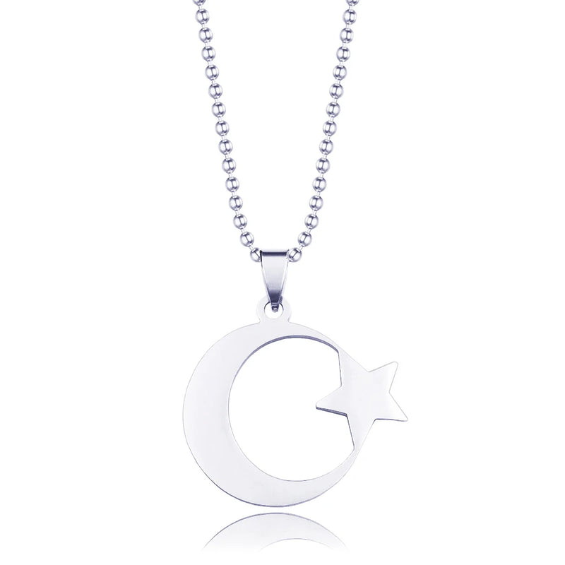 Stainless Steel Crescent Moon Star Necklace Amulet Pendant