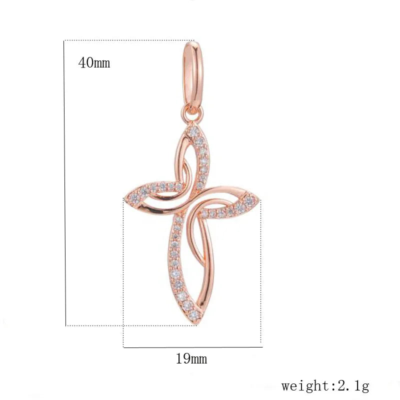 Women's Rose Patterned Crystal Cross Pendant Necklace