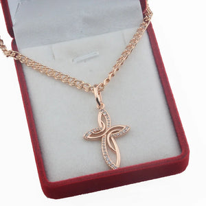 Women's Rose Patterned Crystal Cross Pendant Necklace