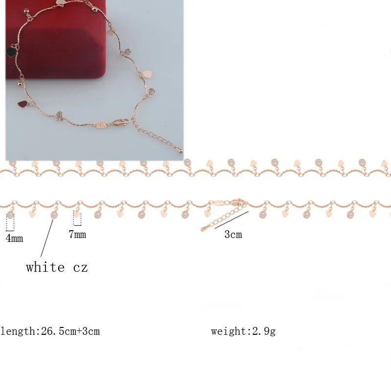 FJ Extended Long Anklet Women 585 Rose Heart Star Glass Chains