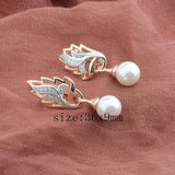 FJ Rose Pearl CZ Flowers Drop Earrings