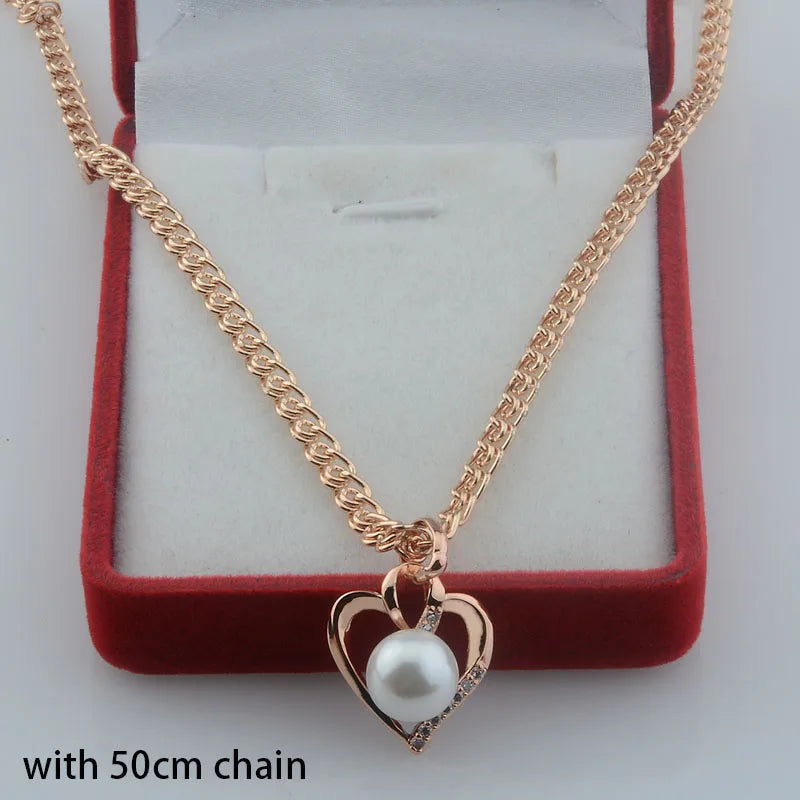 FJ Women Girls 585 Rose Heart Simulated Pearl Crystal Pendant Necklace