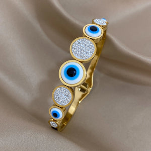 Stainless Steel Evil Eye Bangles Bracelets Rhinestone Inlay Charm Wrist Jewelry