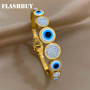 Stainless Steel Evil Eye Bangles Bracelets Rhinestone Inlay Charm Wrist Jewelry