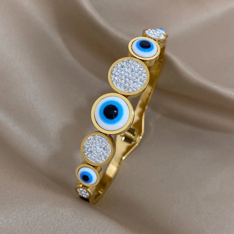 Stainless Steel Evil Eye Bangles Bracelets Rhinestone Inlay Charm Wrist Jewelry