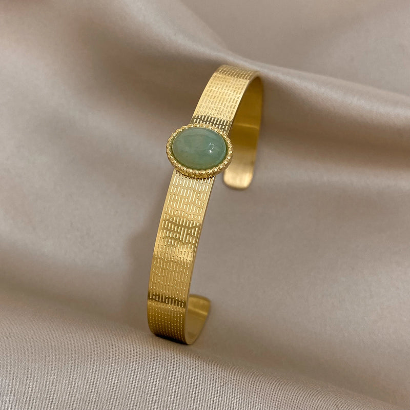 Green Stone Stainless Steel Bangle Bracelet Waterproof Charm Gift