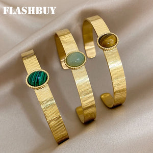 Green Stone Stainless Steel Bangle Bracelet Waterproof Charm Gift