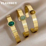 Green Stone Stainless Steel Bangle Bracelet Waterproof Charm Gift