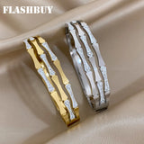 Crystal Zircon Charm Bamboo Stainless Steel Bangles for Women
