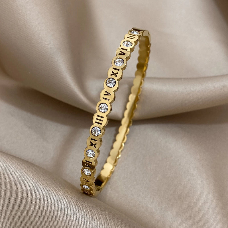 Zircon Roman Numerals Stainless Steel Bangles Waterproof Jewelry