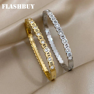Zircon Roman Numerals Stainless Steel Bangles Waterproof Jewelry