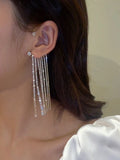Single Rhinestone Earrings Long Tassel Exaggerated Ear Hanging Clip Earrings