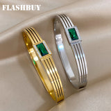 Green Zircon Stainless Steel Bangles Bracelets Women Waterproof Jewelry