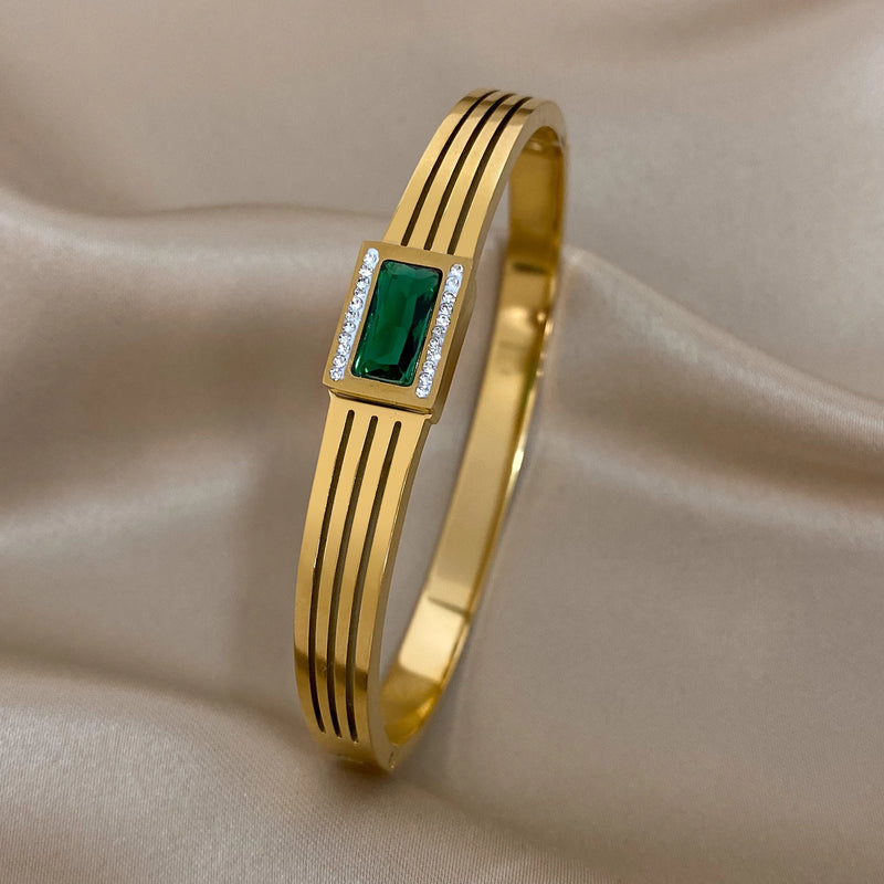 Green Zircon Stainless Steel Bangles Bracelets Women Waterproof Jewelry