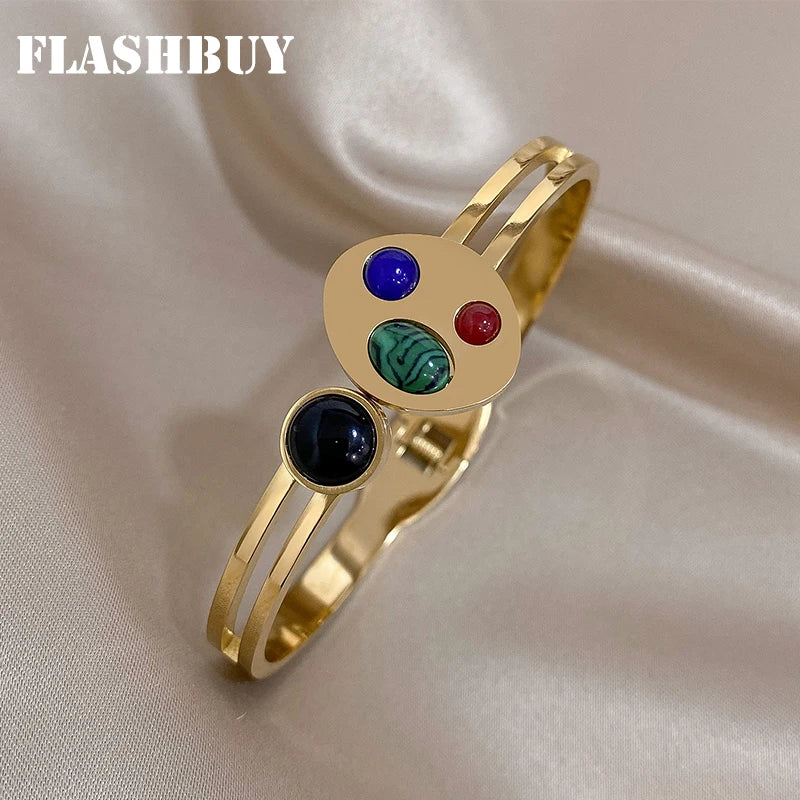 Vintage Stone Stainless Steel Bangles Bracelets for Women