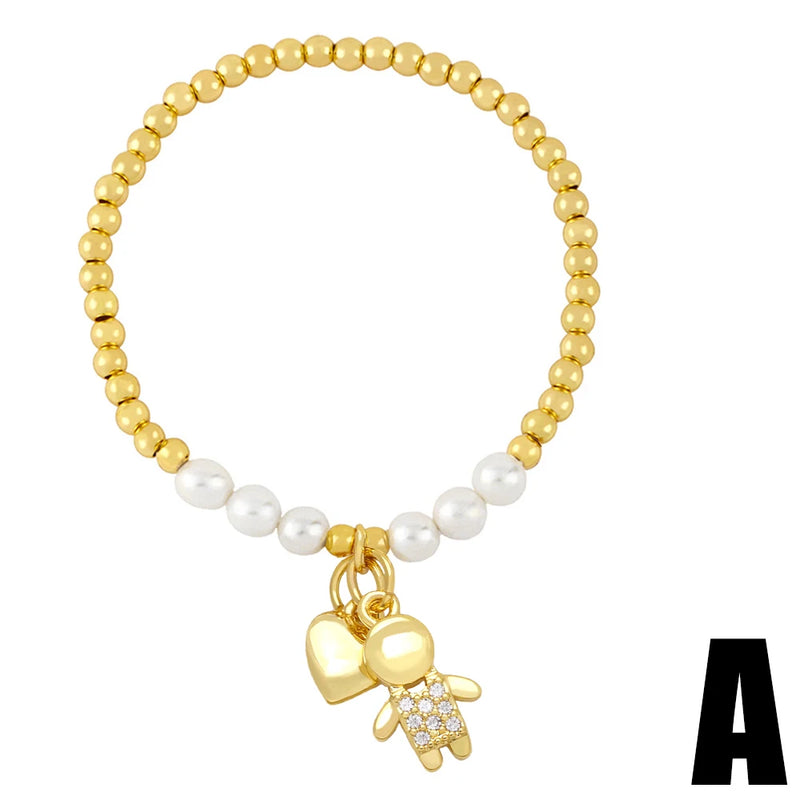 Beaded Chain Boy and Girl Bracelet Copper Zircon Pearl Love Heart Bracelet