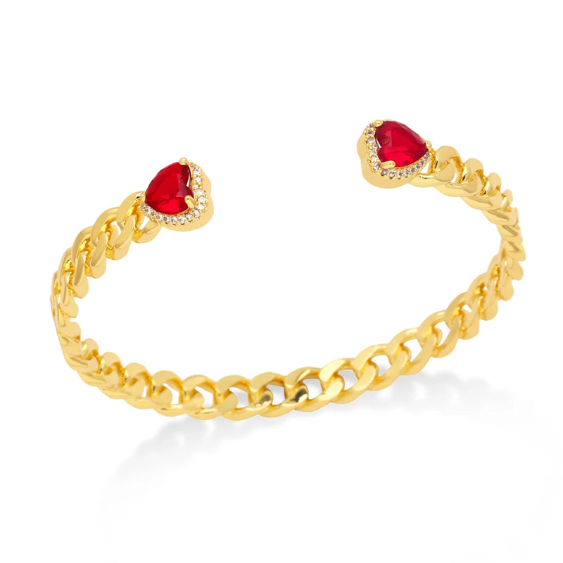 Cuban Chain CZ Heart Crystal Cuff Bangles - Set of 2