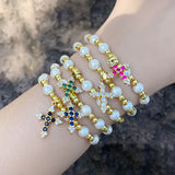 Colorful CZ Crystal Cross Bracelet Copper Plated Beads Pearl Religious Jewelry